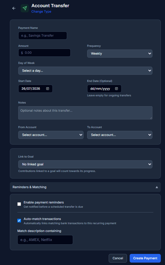 Set a recurring transfer up once: Wealthra auto-matches the real bank transaction when it lands