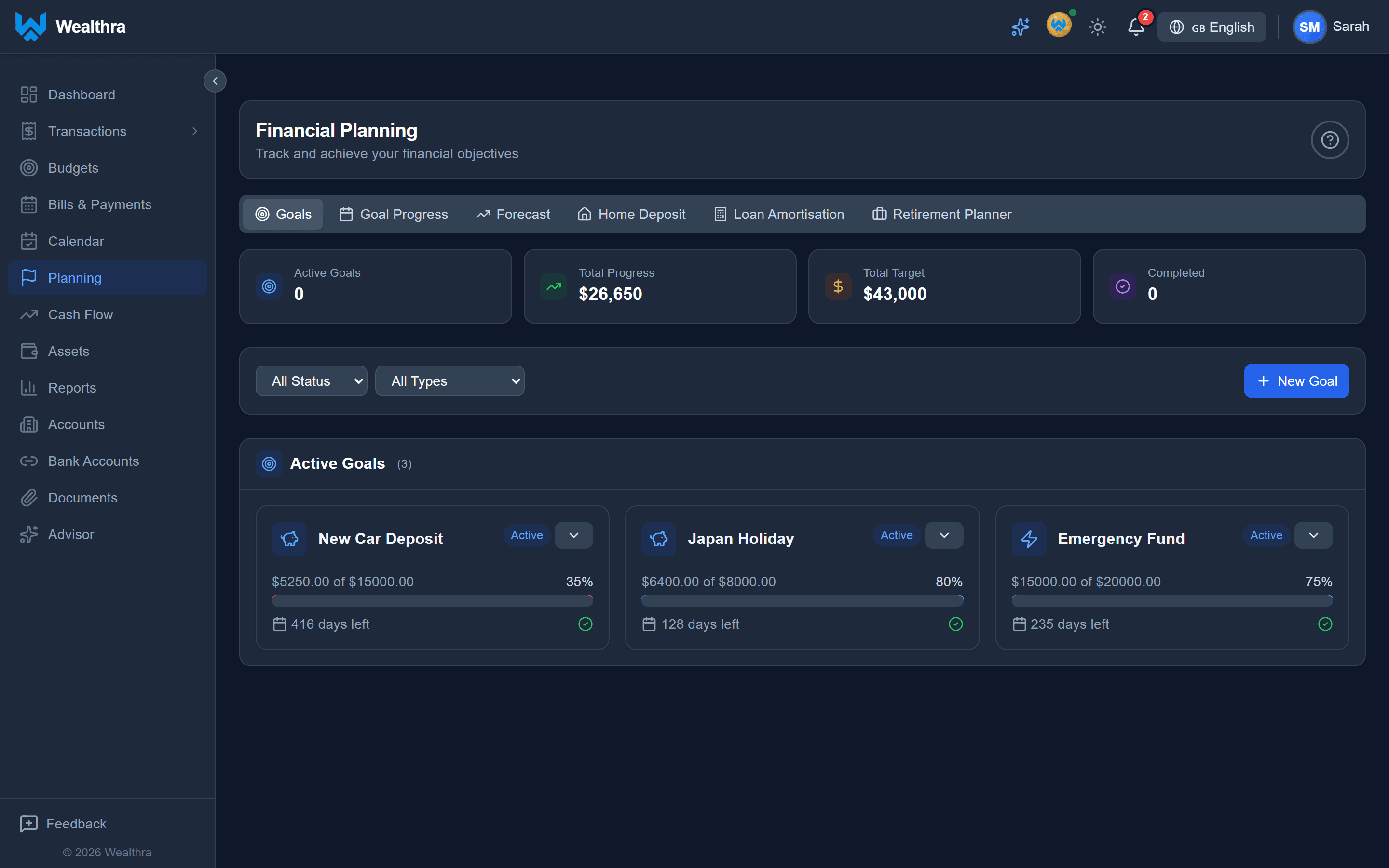 Wealthra financial planning screen with net worth forecast and goal tracking