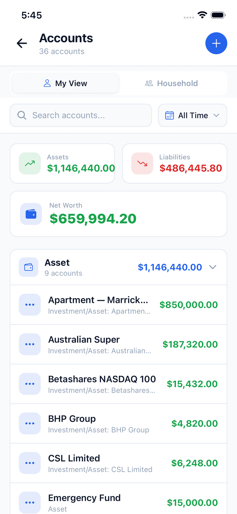 Wealthra iOS app — accounts list