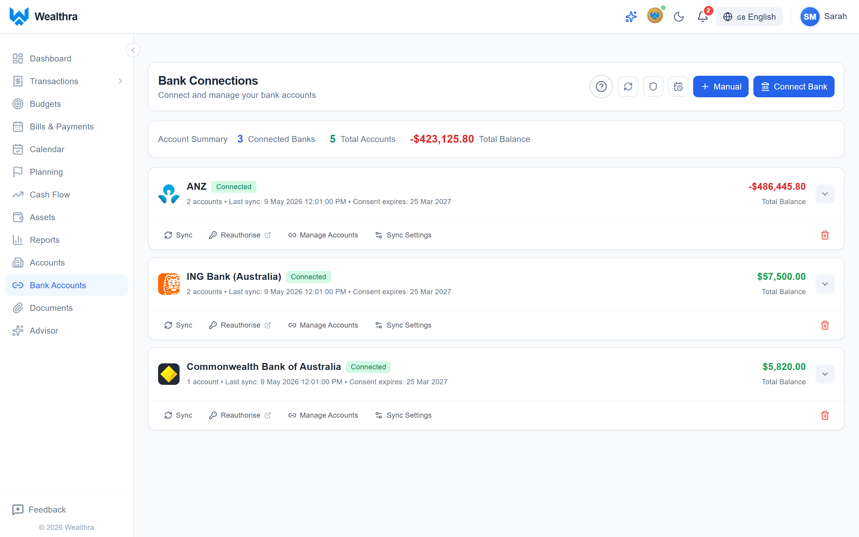 Wealthra bank connections screen showing securely linked Australian bank accounts