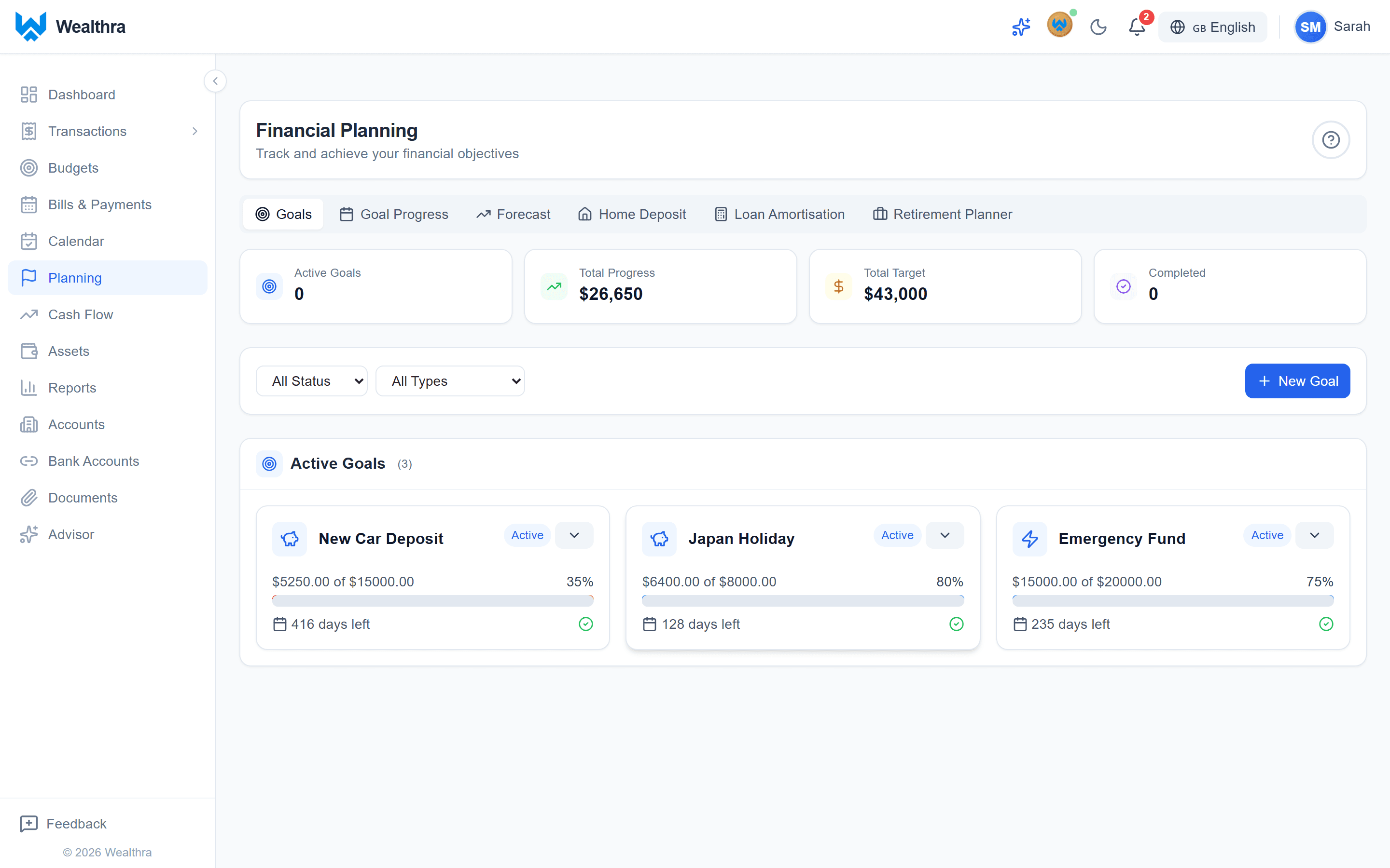 Wealthra financial planning screen with net worth forecast and goal tracking