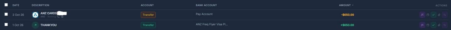 Wealthra showing a $650 payment from an everyday account and the matching credit on a Visa card, both coded automatically as a transfer