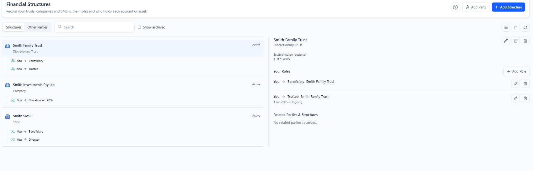 The Financial Structures register in Wealthra listing Smith Family Trust, Smith Investments Pty Ltd and Smith SMSF, with the trust's details and your roles as beneficiary and trustee
