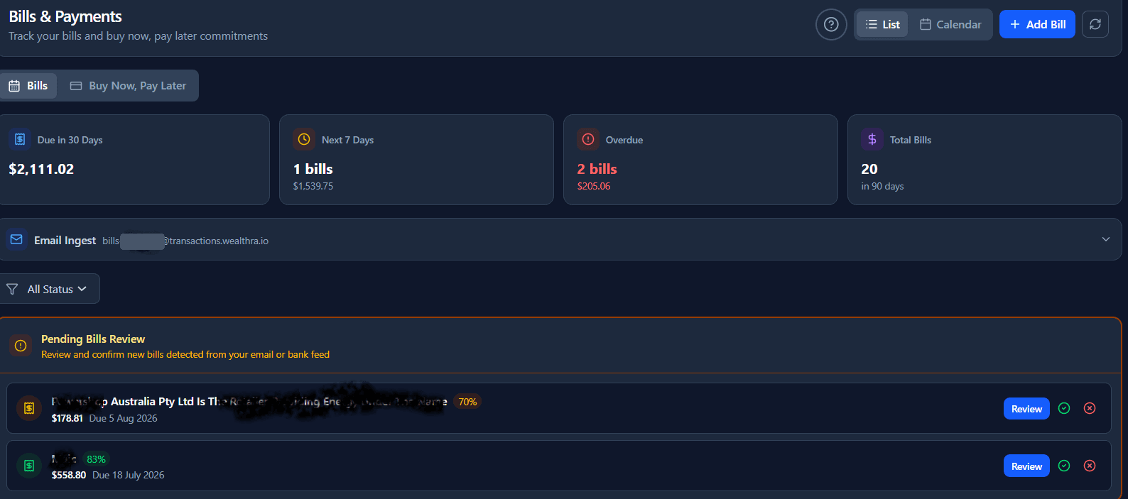 Bills and Payments in Wealthra, showing the bills email address and a Pending Bills Review queue with two detected bills and their confidence scores of 70% and 83%