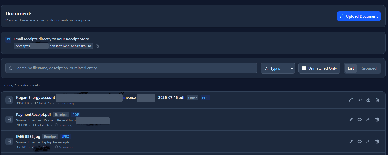 The Wealthra Documents page, showing a receipt forwarding address, a search bar, filters for document type and unmatched receipts, and a list of uploaded and forwarded documents