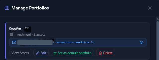 Manage Portfolios in Wealthra, showing an investment portfolio with its own email forwarding address