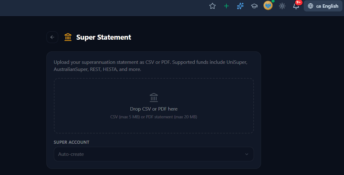 The Super Statement upload screen in Wealthra, accepting a CSV or PDF statement from funds such as UniSuper, AustralianSuper, REST and HESTA, with an option to create the super account automatically