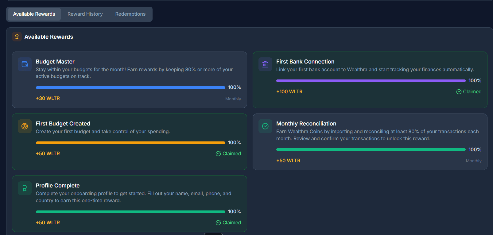 The Available Rewards screen listing five rewards: Budget Master at 30 WLTR monthly, First Bank Connection at 100 WLTR claimed, First Budget Created at 50 WLTR claimed, Monthly Reconciliation at 50 WLTR monthly, and Profile Complete at 50 WLTR claimed.