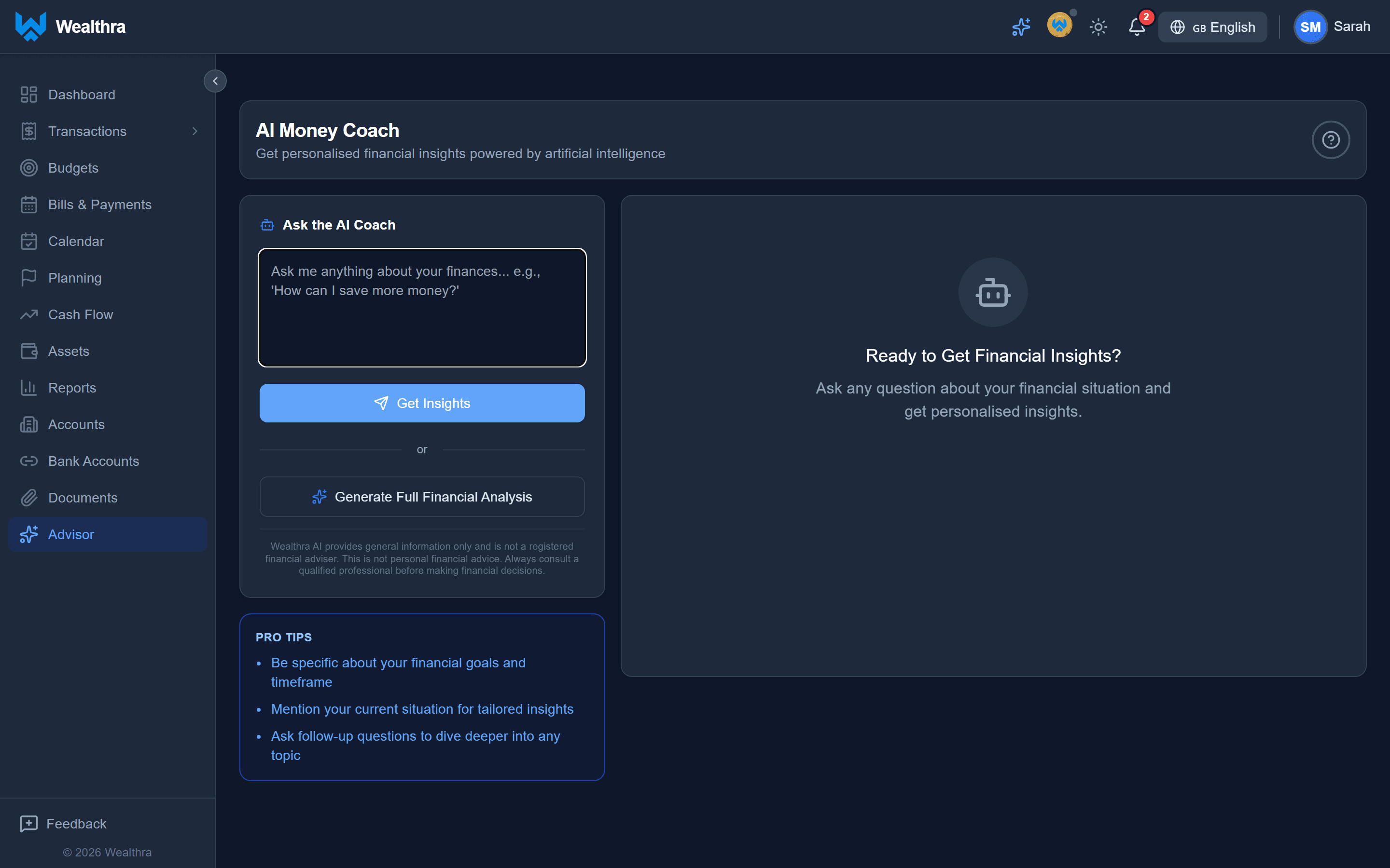 Wealthra AI Tips & Suggestions — app screenshot
