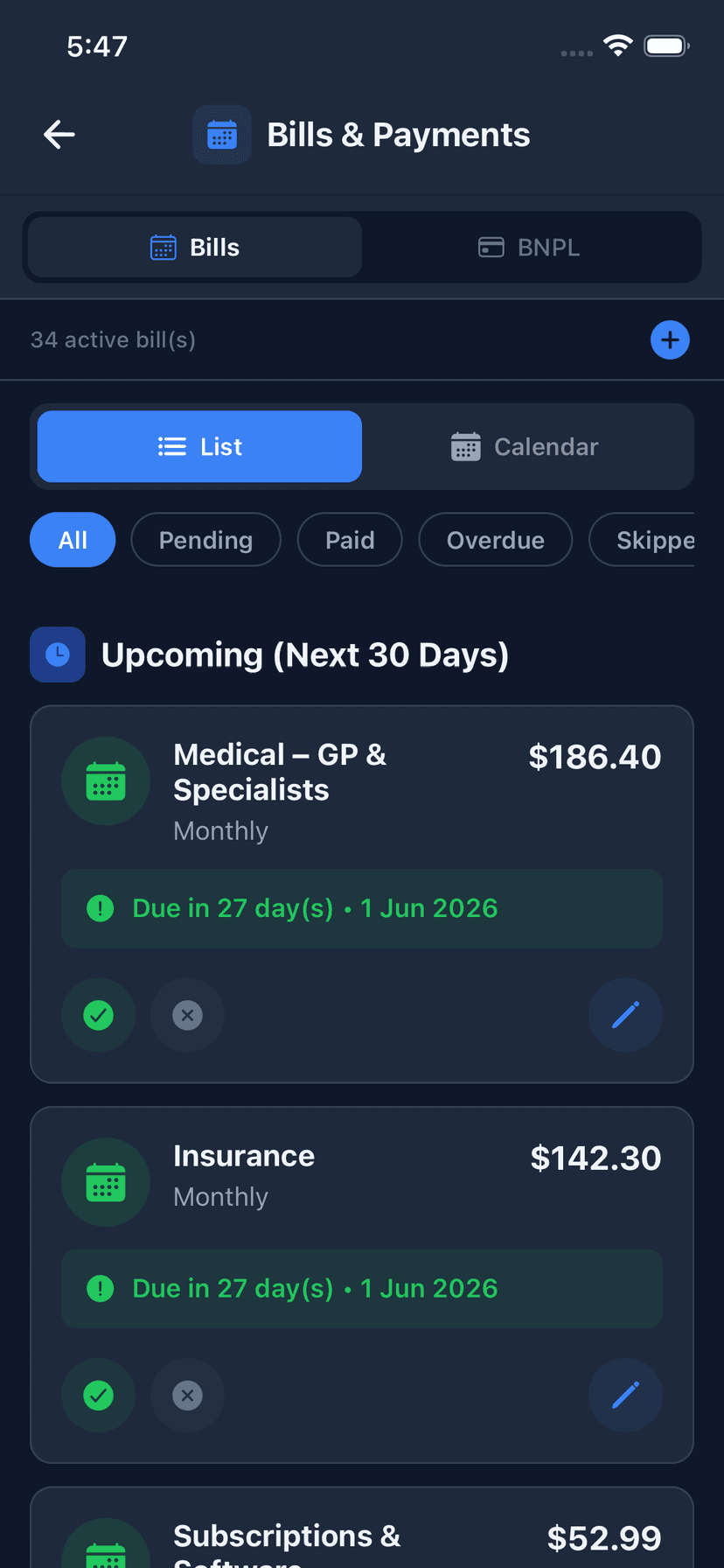 Wealthra iOS app — Bill Management
