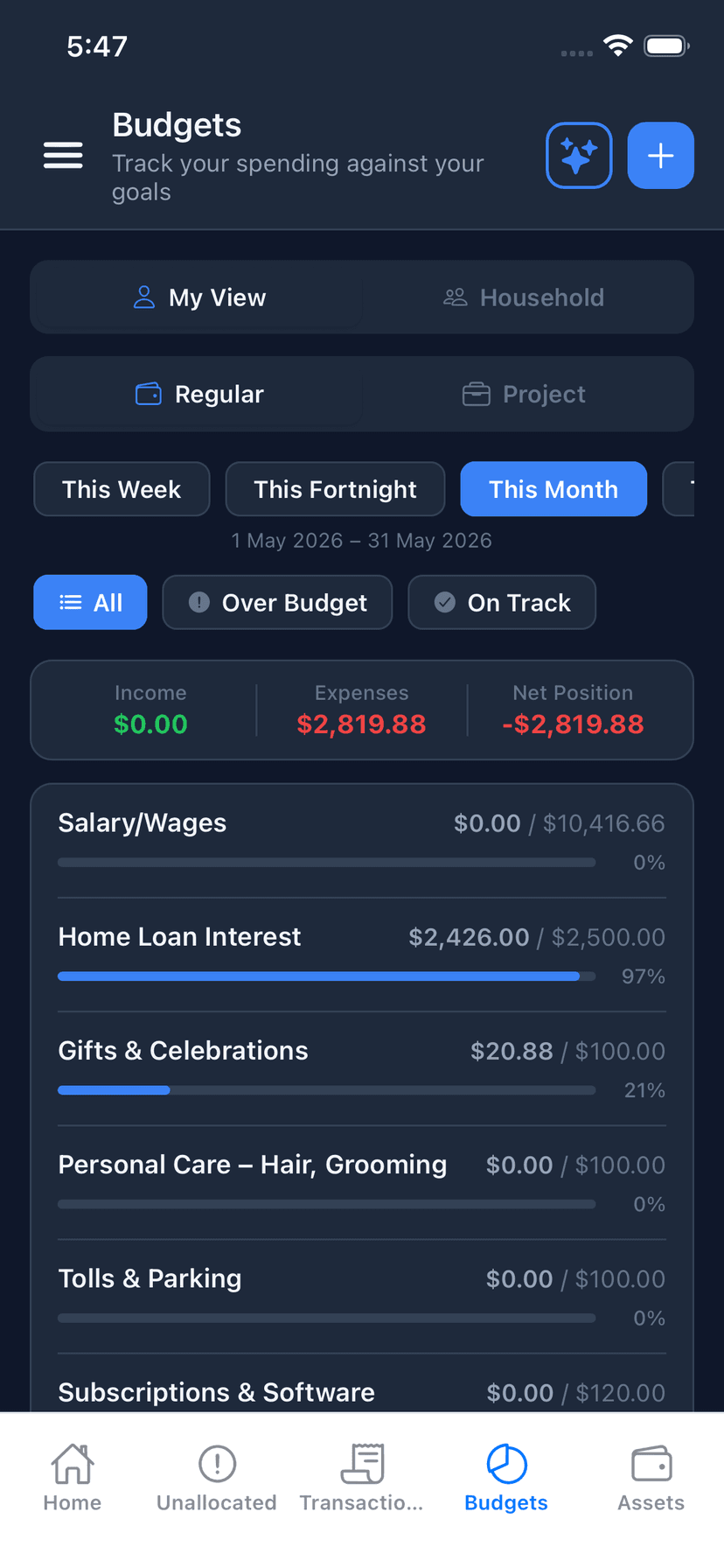 Wealthra iOS app — budgets