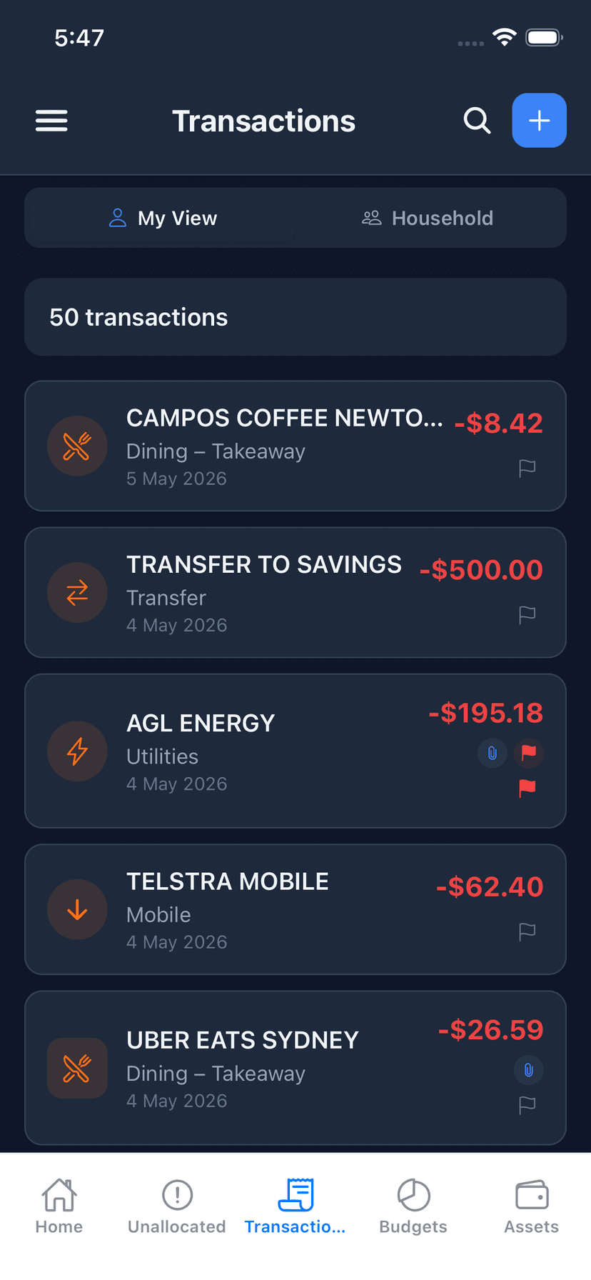 Wealthra iOS app — transactions
