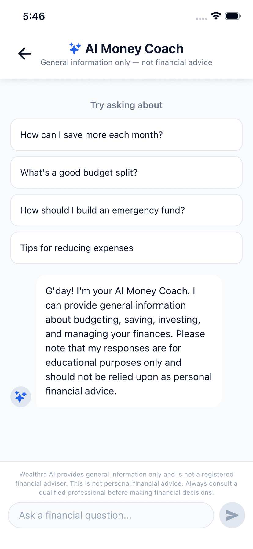 Wealthra iOS app — AI Tips & Suggestions