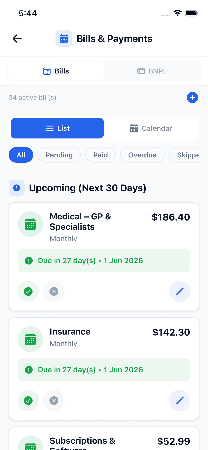 Wealthra iOS app — Bill Management