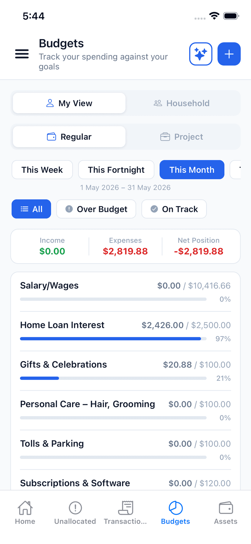 Wealthra iOS app — budgets