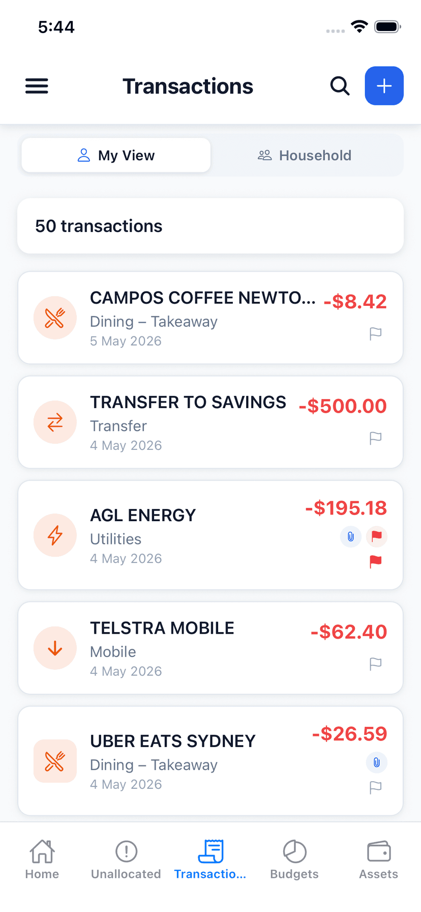Wealthra iOS app — transactions